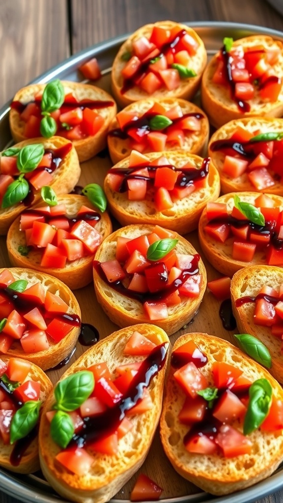 Golden toasted baguette slices with tomato and basil topping on a rustic platter.